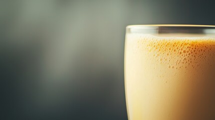 Close up of a creamy, frothy beverage in a glass.  Perfect for menus, blogs, or articles about coffee, smoothies, or other drinks.