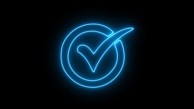 Glowing Blue checkmark neon icon symbol isolated.Tick symbol in blue color, vector illustration. Success symbol for website computer and mobile.	