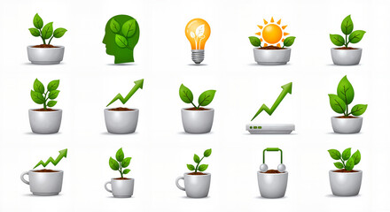 Collection of green plant icons with growth symbols and light bulb  