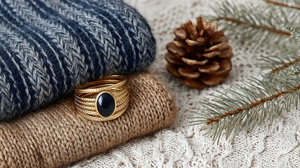 Knitted sweaters and a gold ring on a textured surface.