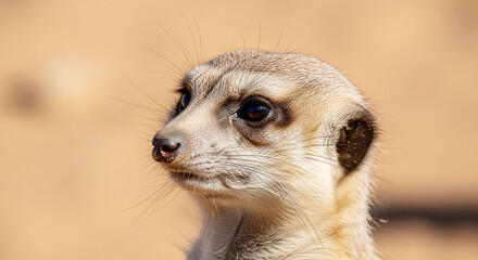 Fototapeta premium Close-up portrait of a watchful meerkat, its dark eyes focused intently, against a blurred sandy background.