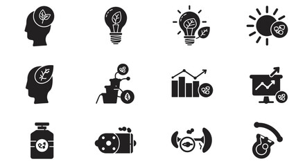 Black and white icons representing innovation and sustainability concepts  
