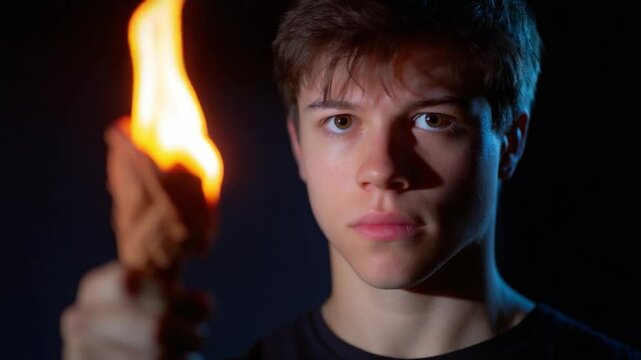 Torchbearer: A young man holds aloft a blazing torch, illuminating his face with determination, set against a dark, dramatic backdrop. Symbolizing hope, courage, and the indomitable spirit of youth.