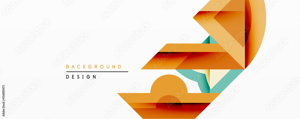 Poster abstract geometric composition. layered shapes create dynamic visual effect. warm orange, teal hues 
