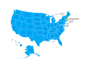 USA Map with state names, highlighted at Massachusetts. Easy to edit vector