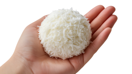 A hand holding a ball of fluffy, white rice. transparent background