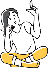 上を指さす若い女性