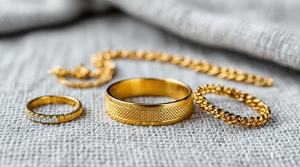 Gold rings and a chain on a light gray surface.
