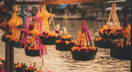 Loy Krathong Festival Decorative Floats and Offerings, Thailand Celebration