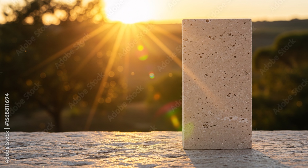 Poster stone block stands on ledge with golden sunset light and bokeh in background
