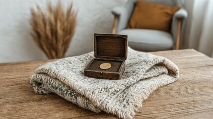 Wooden box with a gold disc on a knitted blanket.