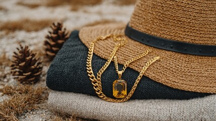 Gold necklace and pendant resting atop layered sweaters and a straw hat.