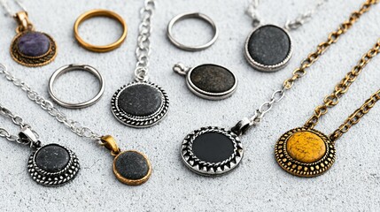 Assorted necklaces and pendants with decorative stones.