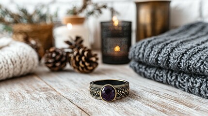 A decorative ring on a wooden surface with winter accessories.