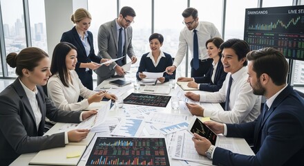 Business team discussing strategy during office meeting with data charts.