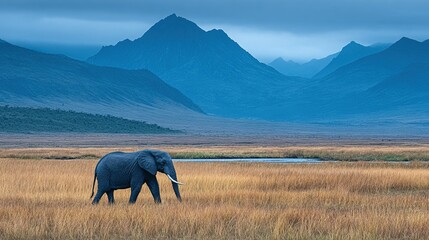 Majestic elephant in a vast grassland landscape.