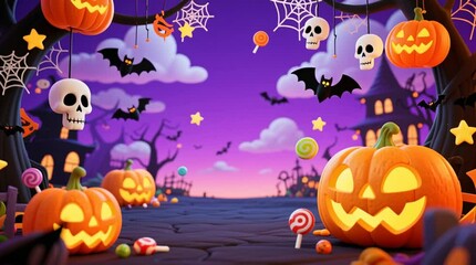 Halloween festival scene with pumpkins skulls bats spider webs candy and glowing decorations in colorful fantasy night illustration