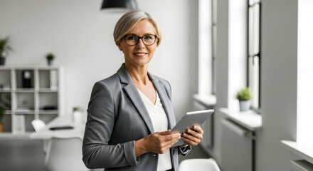 Senior woman standing with a warm smile, holding a mug of tea or coffee in her cozy home.