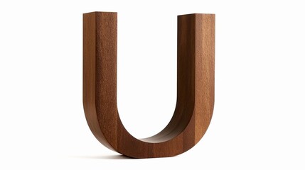 Smooth Walnut Wooden Letter U – Polished Alphabet Sculpture with Rounded Edges and Fine Grain on White Background for Modern Typography and Interior Decor Concepts