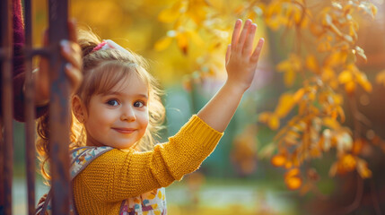 Shy little girl saying goodbye to mom at preschool gate on early fall morning