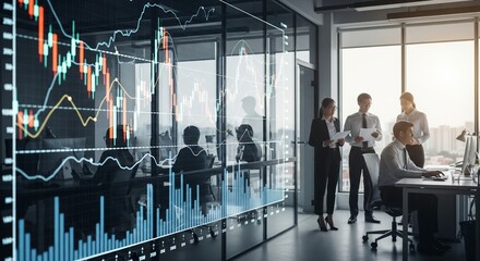 Business professionals analyze financial data in a modern office setting