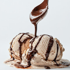 Ice cream under a stream of hot chocolate close-up, isolated, on a white background. Illustration for advertising a summer refreshing dessert.