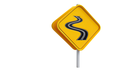 Winding Road Sign: A vibrant yellow diamond-shaped road sign alerts drivers to a winding road ahead, illustrating the turns with a sleek, dark pathway.