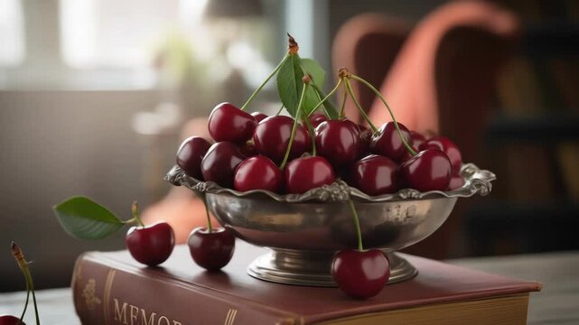 Fresh cherries in bowl on vintage book for still life food photography with natural lighting