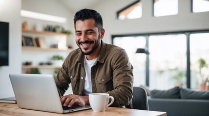 Obraz premium Happy young hispanic man working on laptop at home. Work from home remotely concept. Video call meeting online. Copy space