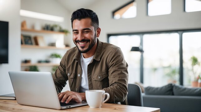 Happy young hispanic man working on laptop at home. Work from home remotely concept. Video call meeting online. Copy space