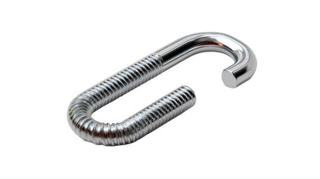 Metal J-Bolt: Close-up of a shiny, threaded metal J-bolt, highlighting its structural simplicity and utilitarian design.