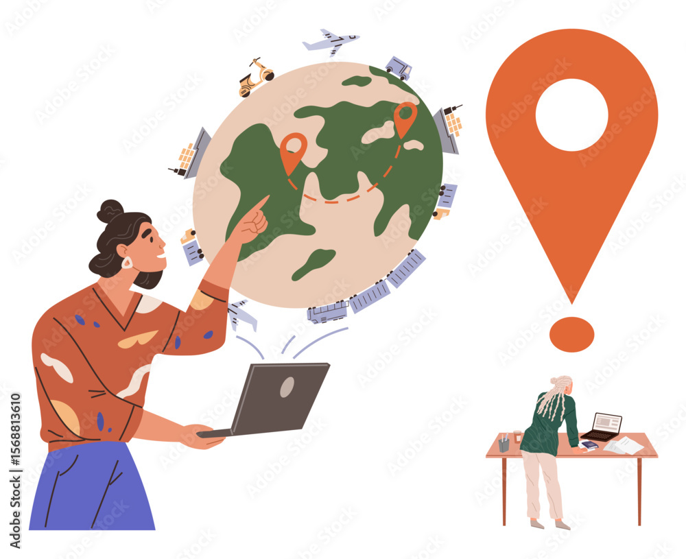 Poster person using laptop pointing to world map with locations another working at desk. ideal for global b