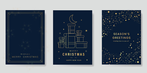 Luxury christmas and happy new year holiday cover template vector set. Gold twinkling star, gif, moon on navy blue background. Design for card, corporate, season's greeting, wallpaper, poster.