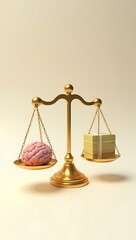A minimal 3D render of a golden balance scale with a brain on one side and a stack of money on the other, symbolizing ethics versus profit, mental health versus capitalism — placed on a soft shadow ba
