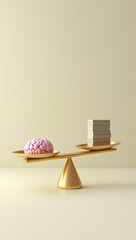 A minimal 3D render of a golden balance scale with a brain on one side and a stack of money on the other, symbolizing ethics versus profit, mental health versus capitalism — placed on a soft shadow ba