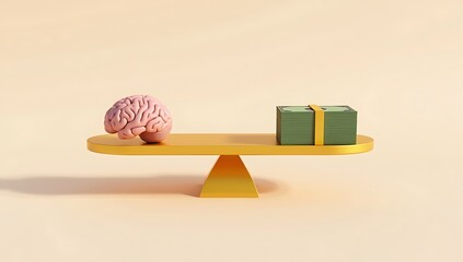 A minimal 3D render of a golden balance scale with a brain on one side and a stack of money on the other, symbolizing ethics versus profit, mental health versus capitalism — placed on a soft shadow ba