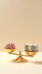 A minimal 3D render of a golden balance scale with a brain on one side and a stack of money on the other, symbolizing ethics versus profit, mental health versus capitalism — placed on a soft shadow ba