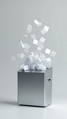 A minimalist 3D render of a paper ballot halfway shredded, emerging from a sleek office shredder, symbolizing voter suppression and election fraud — shown on a neutral grey background.

