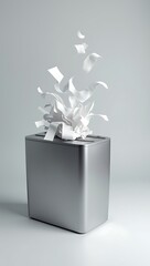 A minimalist 3D render of a paper ballot halfway shredded, emerging from a sleek office shredder, symbolizing voter suppression and election fraud — shown on a neutral grey background.

