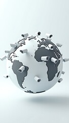 A smooth 3D globe with dozens of tiny surveillance cameras embedded across its surface, symbolizing global surveillance, digital privacy loss, and authoritarian overreach — floating against a soft whi