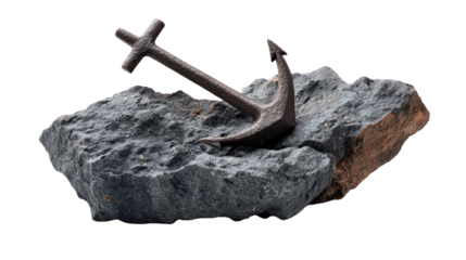 Anchor on stone: A weathered iron anchor rests on a solid stone, evoking themes of stability, hope, and resolute grounding.