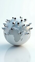 A smooth 3D globe with dozens of tiny surveillance cameras embedded across its surface, symbolizing global surveillance, digital privacy loss, and authoritarian overreach — floating against a soft whi