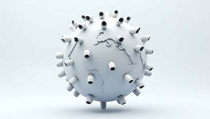 A smooth 3D globe with dozens of tiny surveillance cameras embedded across its surface, symbolizing global surveillance, digital privacy loss, and authoritarian overreach — floating against a soft whi