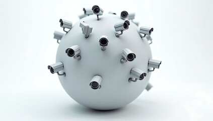A smooth 3D globe with dozens of tiny surveillance cameras embedded across its surface, symbolizing global surveillance, digital privacy loss, and authoritarian overreach — floating against a soft whi