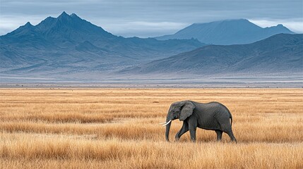 Sole elephant traversing a golden savanna landscape beneath a mountain range.