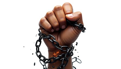 A symbolic 3D render of a raised human fist sculpted from fractured metal chains, symbolizing resistance, revolution, and breaking free from oppression — isolated on a plain white background.

