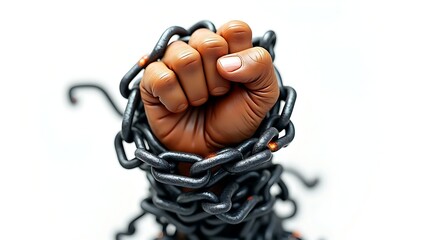 A symbolic 3D render of a raised human fist sculpted from fractured metal chains, symbolizing resistance, revolution, and breaking free from oppression — isolated on a plain white background.

