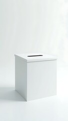 A simple 3D render of a white ballot box with a slot, casting no shadow beneath it, symbolizing lost democracy, hidden influence, or voter suppression — placed in a stark white void.

