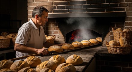 Artisan Baker Pulling Fresh Bread Loaves from Brick Oven for Rustic Bakery