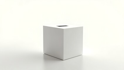 A simple 3D render of a white ballot box with a slot, casting no shadow beneath it, symbolizing lost democracy, hidden influence, or voter suppression — placed in a stark white void.

